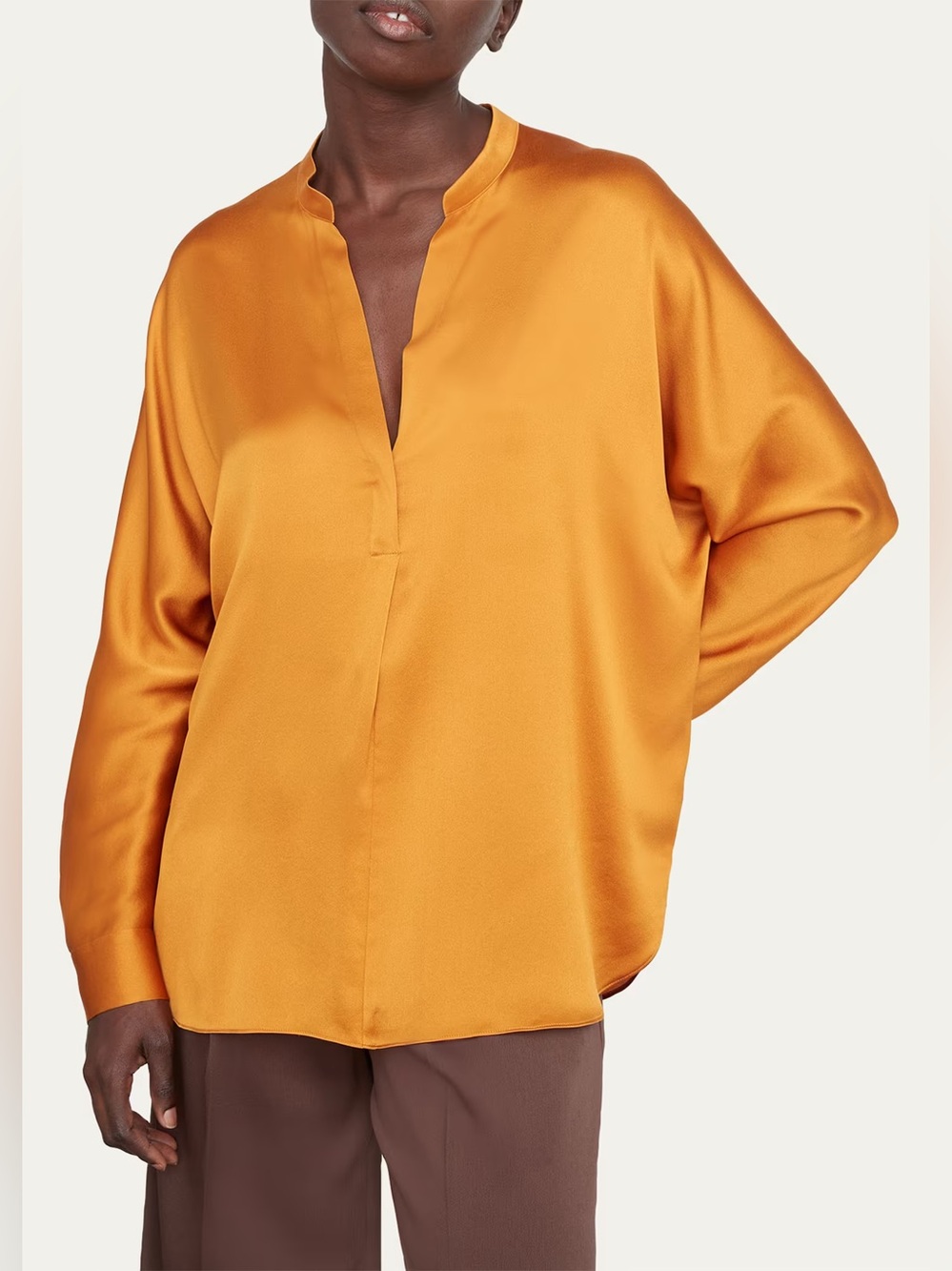 VINCE Band Collar Popover Silk Blouse Gold Orange Size Small